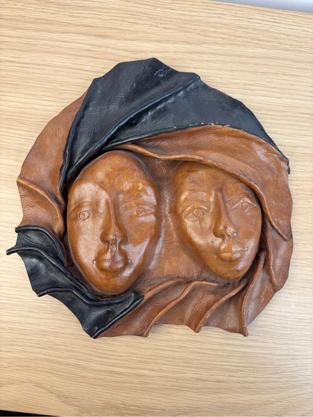 Vintage Artisan Two-Face Leather Wall Sculpture in Brown and Black